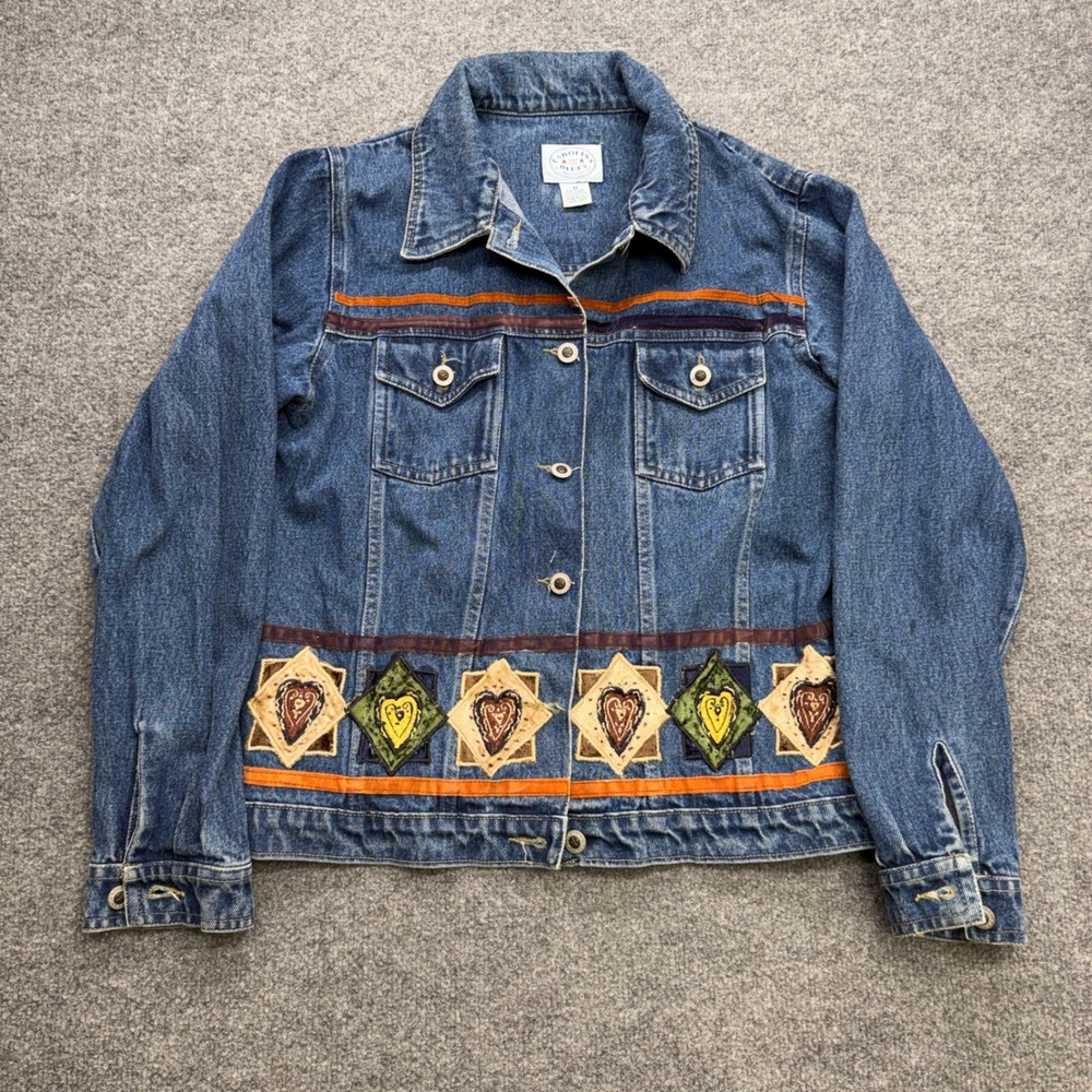 Carolina Blues Denim Jacket Womens Medium Blue Patchwork Heart Embroidered Folk